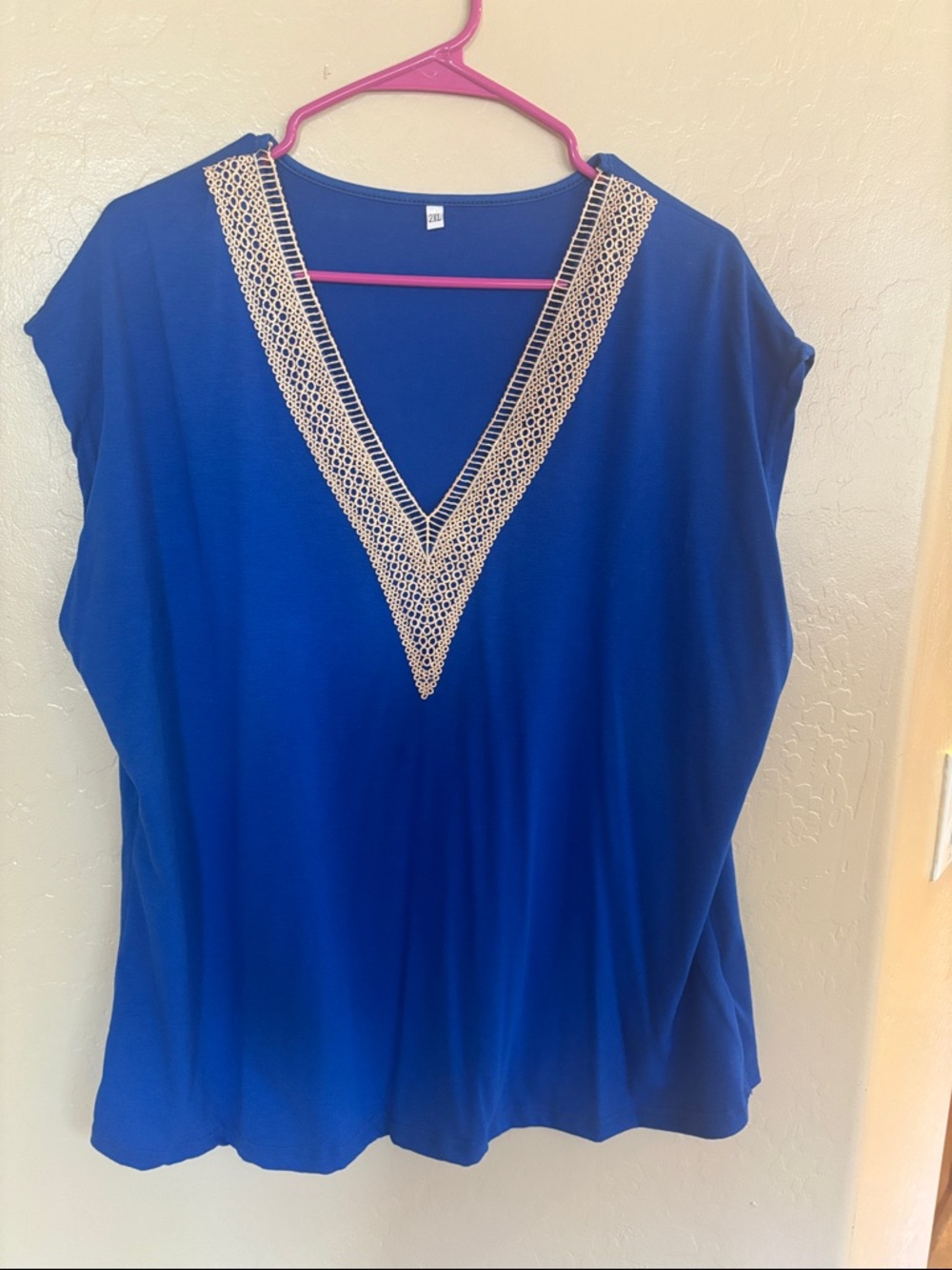 Women’s Royal Blue V-Neck Top with Ivory Crochet Trim